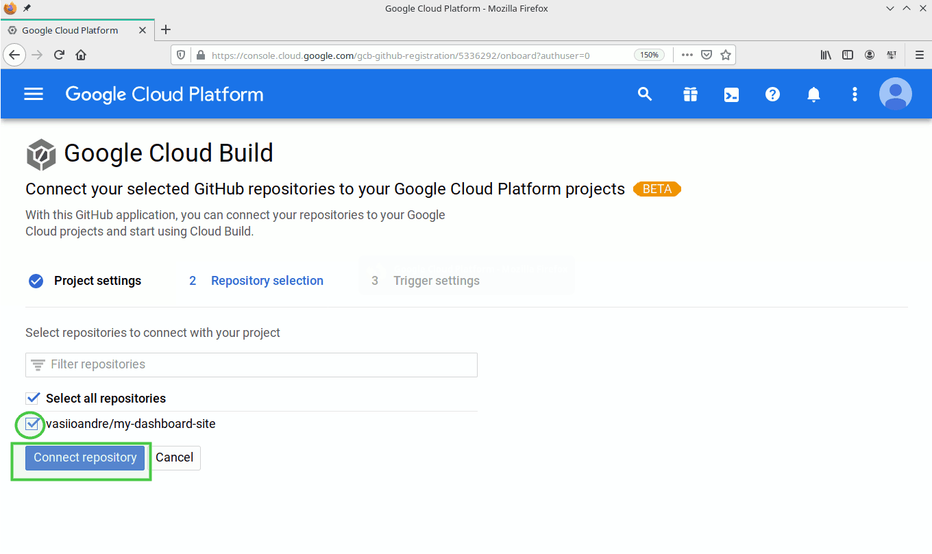 Select the GitHub repositories to connect to your GCP project
